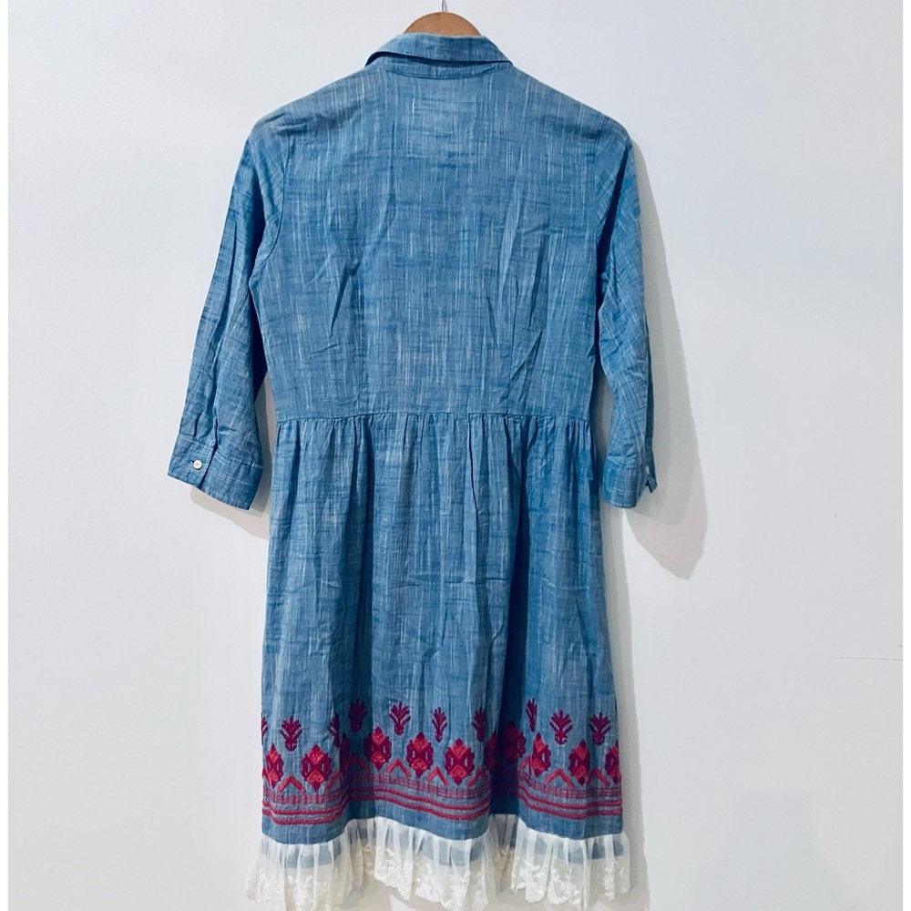 Johnny Was Cotton Chambray Button Down Embroidered Dress Size Small - Picture 5 of 9